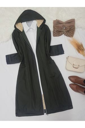 Fermuarlı Kapşonlu İçi Peluş Bondit Kaban - Siyah