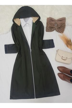 Fermuarlı Kapşonlu İçi Peluş Bondit Kaban - Siyah