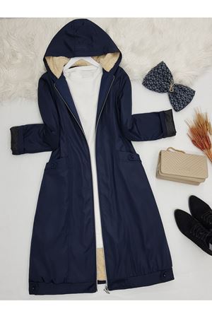 Fermuarlı Kapşonlu İçi Peluş Bondit Kaban - Lacivert