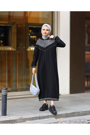 Kapşonlu Simli Garnili Fermuarlı Penye Kap -Siyah