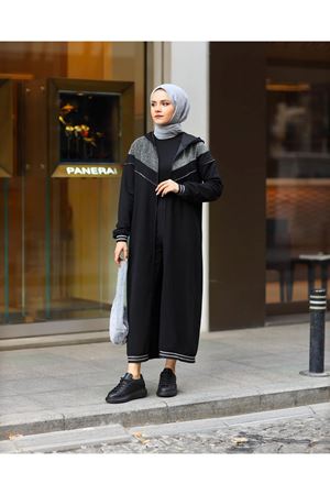 Kapşonlu Simli Garnili Fermuarlı Penye Kap -Siyah