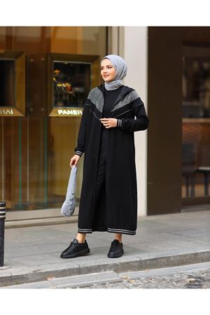 Kapşonlu Simli Garnili Fermuarlı Penye Kap -Siyah