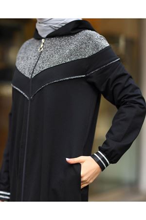 Kapşonlu Simli Garnili Fermuarlı Penye Kap -Siyah