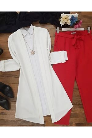 Pervazlı Uzun Duble Ceket-Beyaz