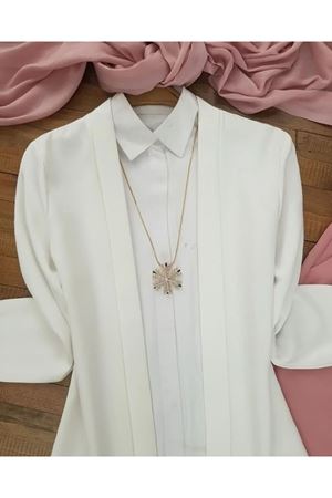 Pervazlı Uzun Duble Ceket-Beyaz