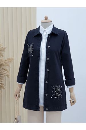 Önü Taş Detaylı Çift Cepli Kot Ceket -Siyah