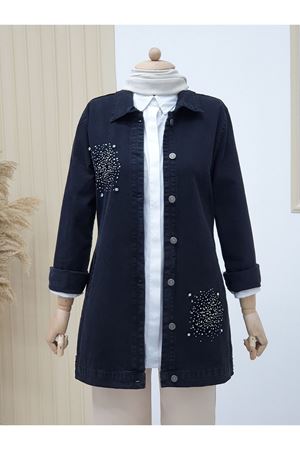 Önü Taş Detaylı Çift Cepli Kot Ceket -Siyah