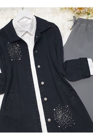 Önü Taş Detaylı Çift Cepli Kot Ceket -Siyah