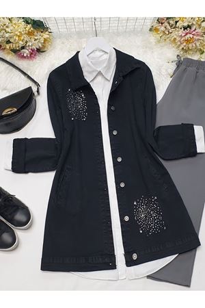 Önü Taş Detaylı Çift Cepli Kot Ceket -Siyah