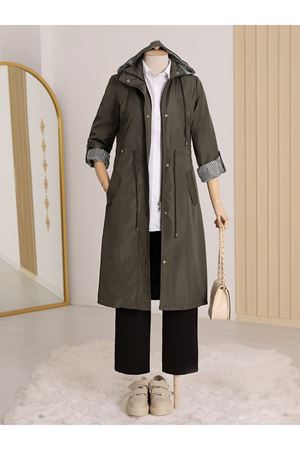 Astarı Çizgili Trençkot - Haki