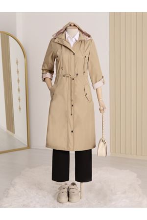 Astarı Çizgili Trençkot - Taş