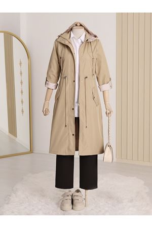 Astarı Çizgili Trençkot - Taş