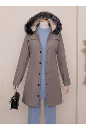 Çıkma Kapşonlu Çıtçıtlı Cepli Kısa Kaban-Gri