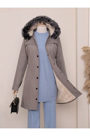 Çıkma Kapşonlu Çıtçıtlı Cepli Kısa Kaban-Gri