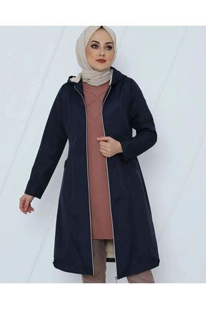 Fermuarlı Kapşonlu İçi Peluş Bondit Kaban - Lacivert