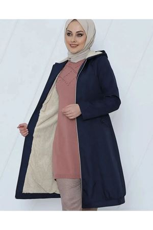 Fermuarlı Kapşonlu İçi Peluş Bondit Kaban - Lacivert