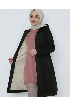 Fermuarlı Kapşonlu İçi Peluş Bondit Kaban - Siyah