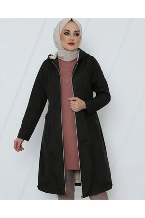 Fermuarlı Kapşonlu İçi Peluş Bondit Kaban - Siyah