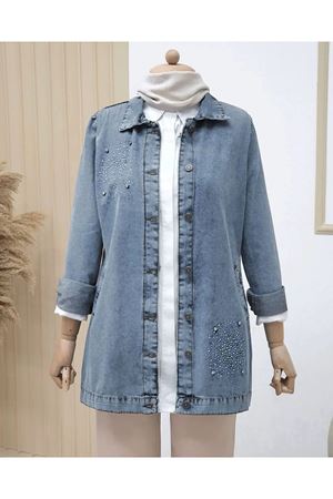 Önü Taş Detaylı Çift Cepli Kot Ceket -Açık Mavi