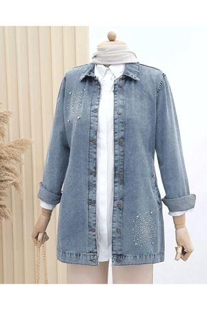 Önü Taş Detaylı Çift Cepli Kot Ceket -Açık Mavi
